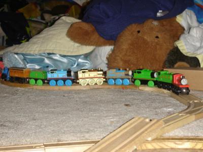 Some of the boys' collection of toy trains